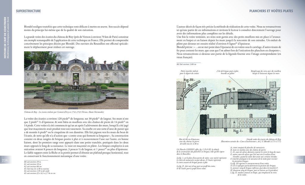 Extrait de l'ouvrage consacré à la construction d'une voûte, avec une photographie des écuries du château de Bizy et une planche du Cours d'architecture de J.-F. Blondel